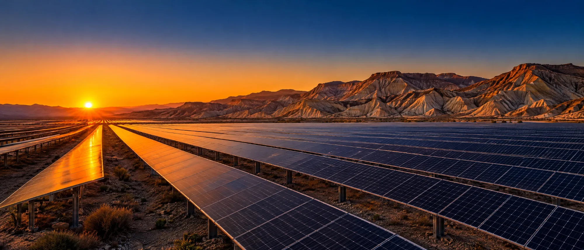 Planta solar en el desierto de Tabernas, Almería, al atardecer