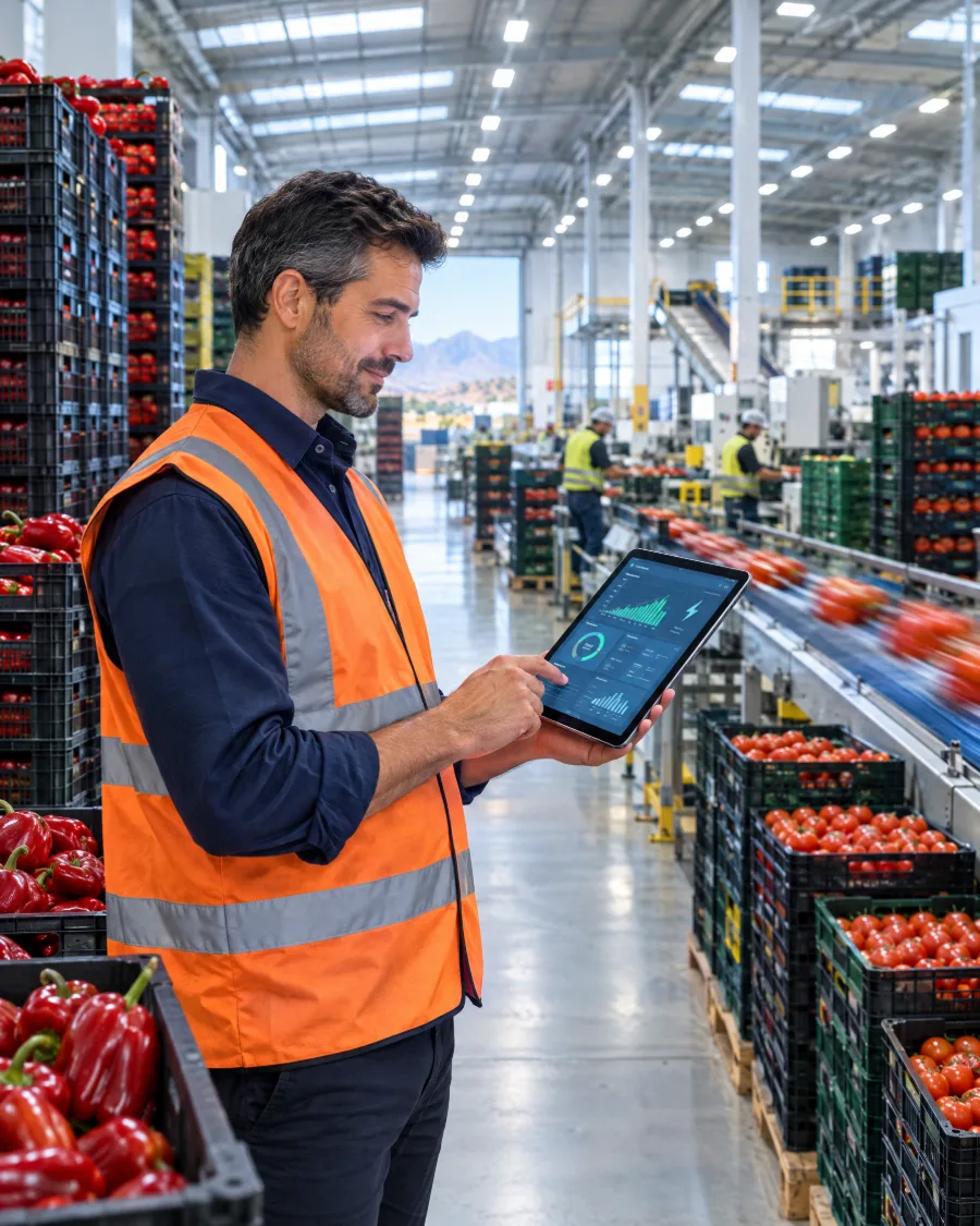 Responsable de un almacén agrícola de Almería revisando el consumo en una tableta